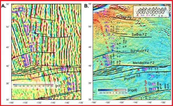 Полосчатые магнитные аномалии (А) и аномалии силы тяжести (В) на дне Тихого океана у берегов Калифорнии