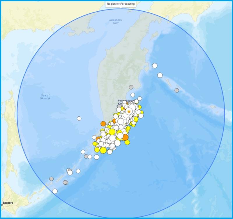 Камчатское землетрясение 30 июля 2025 года M8.8-2025 Карта афтершоков.